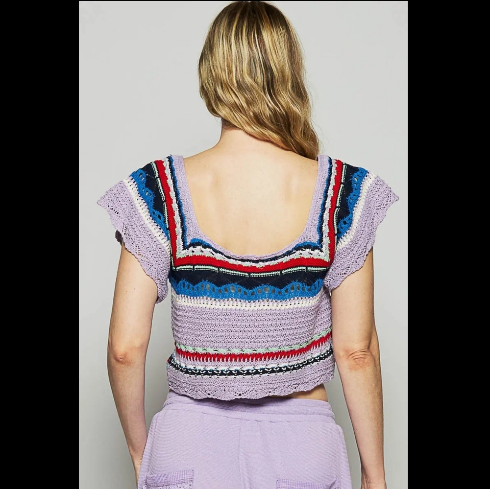 POL Crochet Knit Short Sleeve Top (Lavender Multi) - Picture 3 of 6